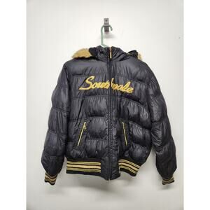 Southpole Women's Y2K Puffer Jacket, Size 2X, In Black/Gold. Full Zip, Faux Fur